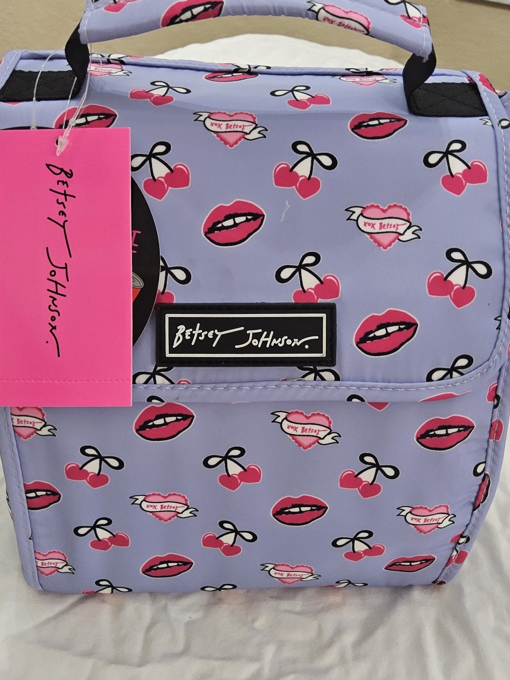 Betsey Johnson Lavender Lunch Tote with Pink Cherry & Lip Print